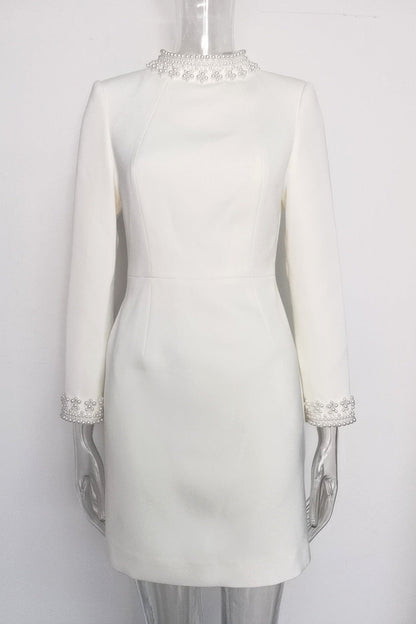 Beaded Cuffs Long Sleeve Mini Dress in White