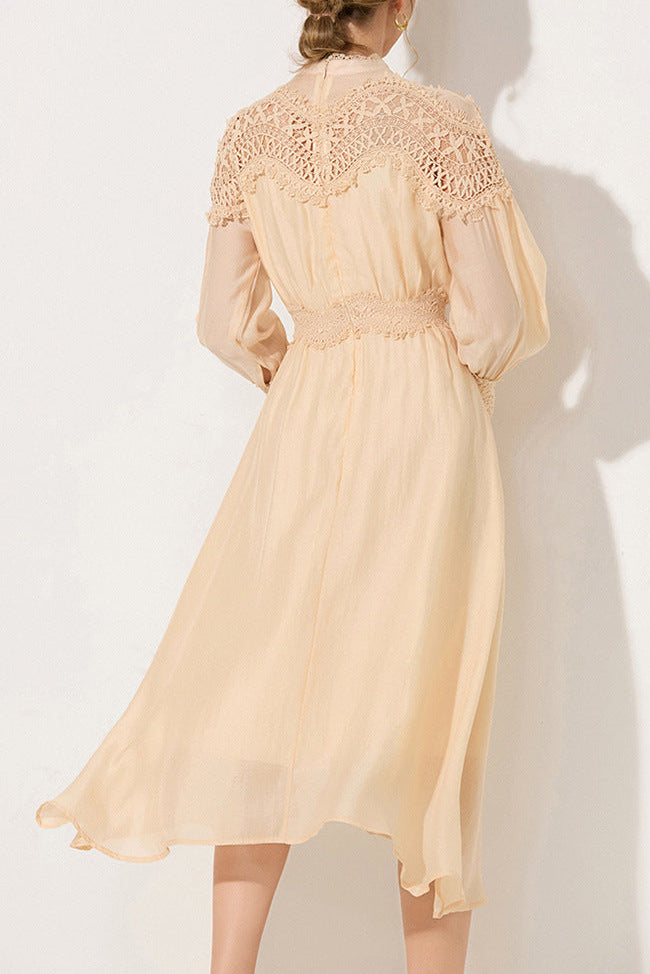 Cecilia Apricot Lantern Sleeves Openwork Wavy Trim Midi Dress Avalabel