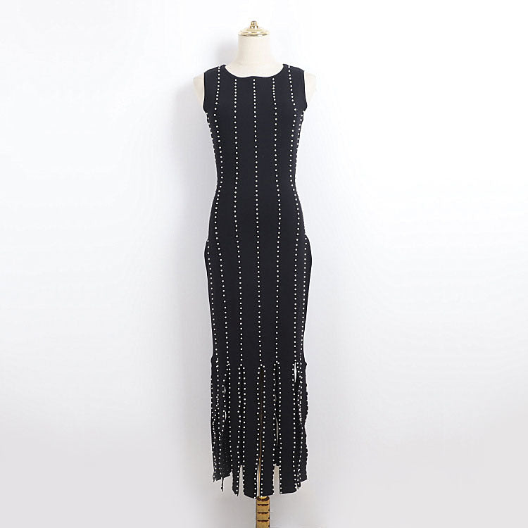 marjorie Fringed Knit Maxi Dress in black