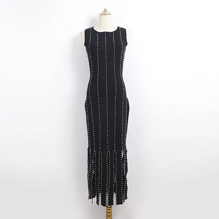 marjorie Fringed Knit Maxi Dress in black Avalabel