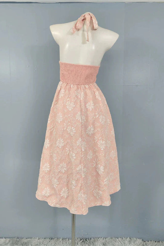 pink fairy jacquard halterneck open back big swing midi dress