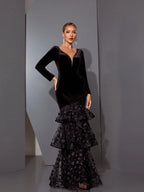 eunice black flower appliqué fishtail layer velvet maxi dress Avalabel