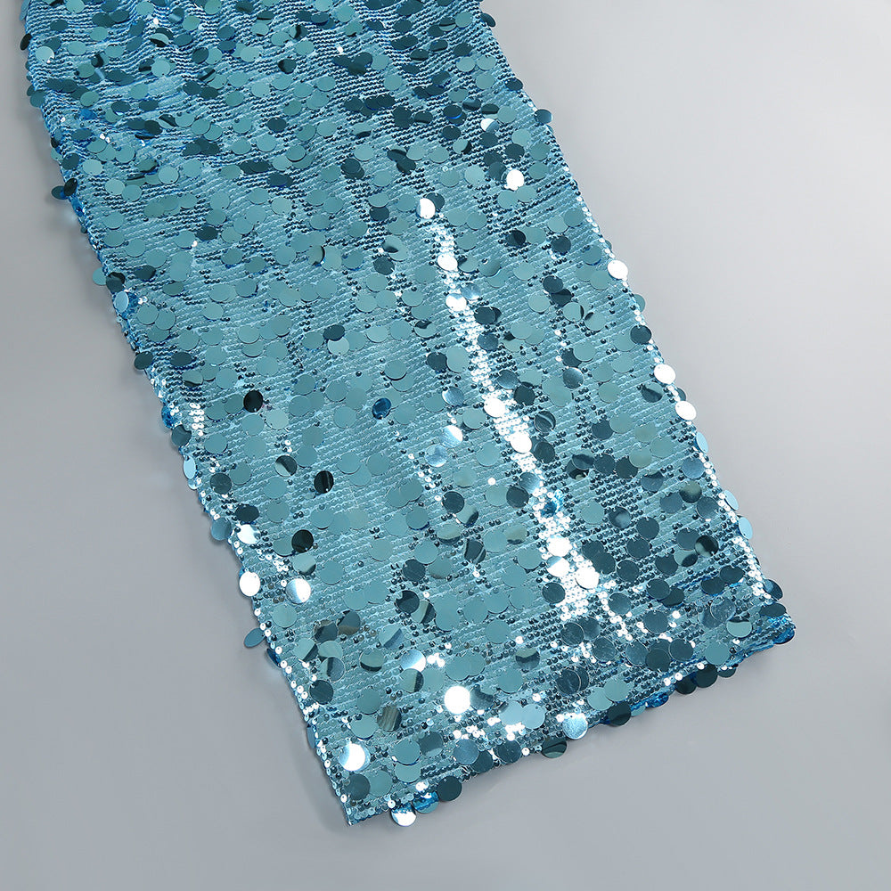 Carlin Sequin Deep V Strapless Maxi Dress in Blue Avalabel