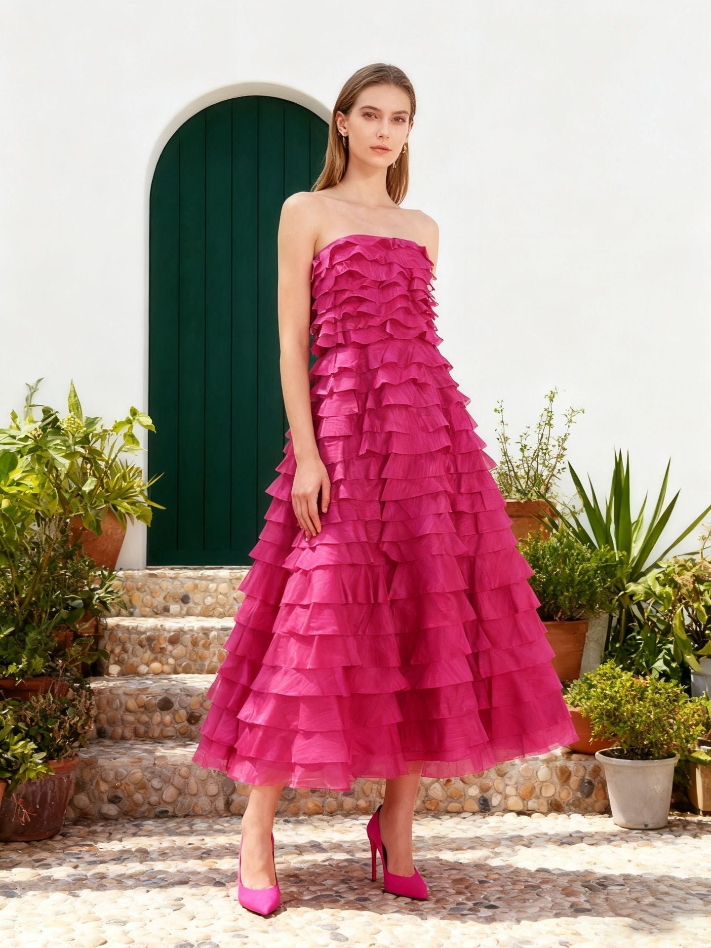 Cathy Pleated Layer Strapless Maxi Dress in Rose Red Avalabel