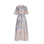 Pink Floral Print Mandarin Collar Chiffon Maxi Dress Avalabel