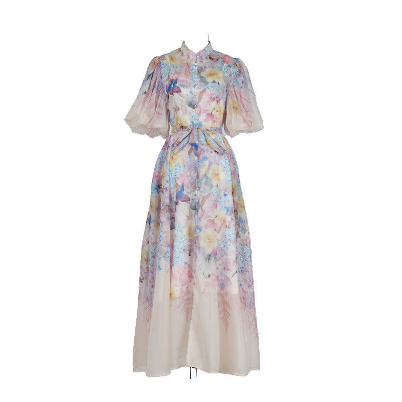 Pink Floral Print Mandarin Collar Chiffon Maxi Dress Avalabel