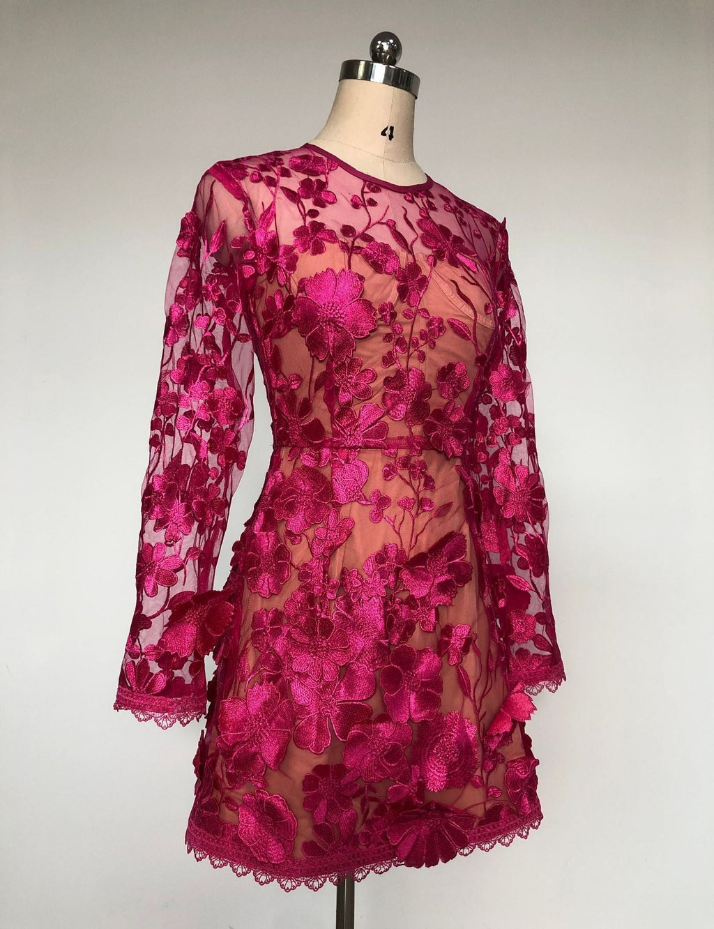Rose red floral lace Long Sleeve Mini Dress Avalabel