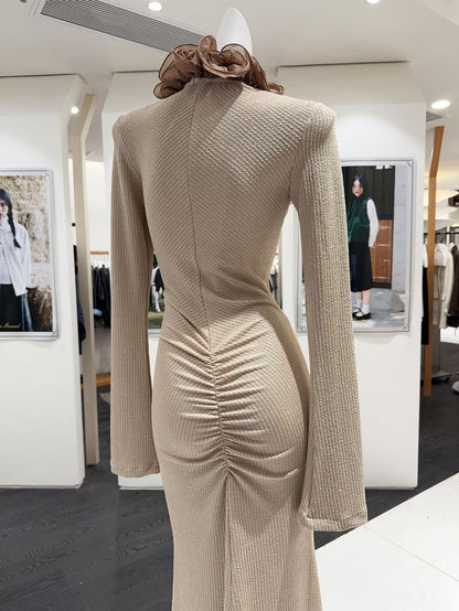 rachel Contour Long Sleeve Ruffle Knit Maxi Dress in pale brown