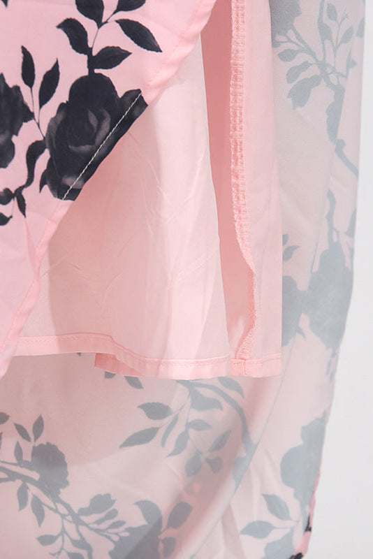 V-Neck Satin Floral Midi Dress in Pink Avalabel