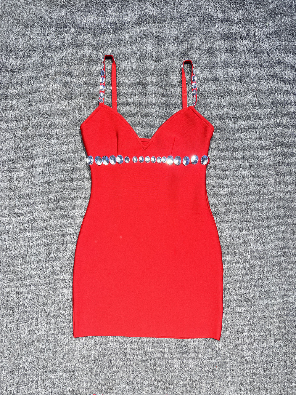 karen V-neck rhinestone embellished stretch Bodycon mini dress in red Avalabel
