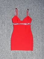 karen V-neck rhinestone embellished stretch Bodycon mini dress in red Avalabel