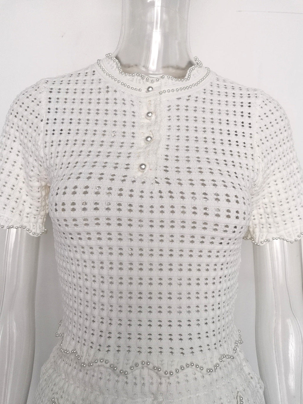 Angela Ruffle Trim Pearl Beaded Knit Sweater Avalabel