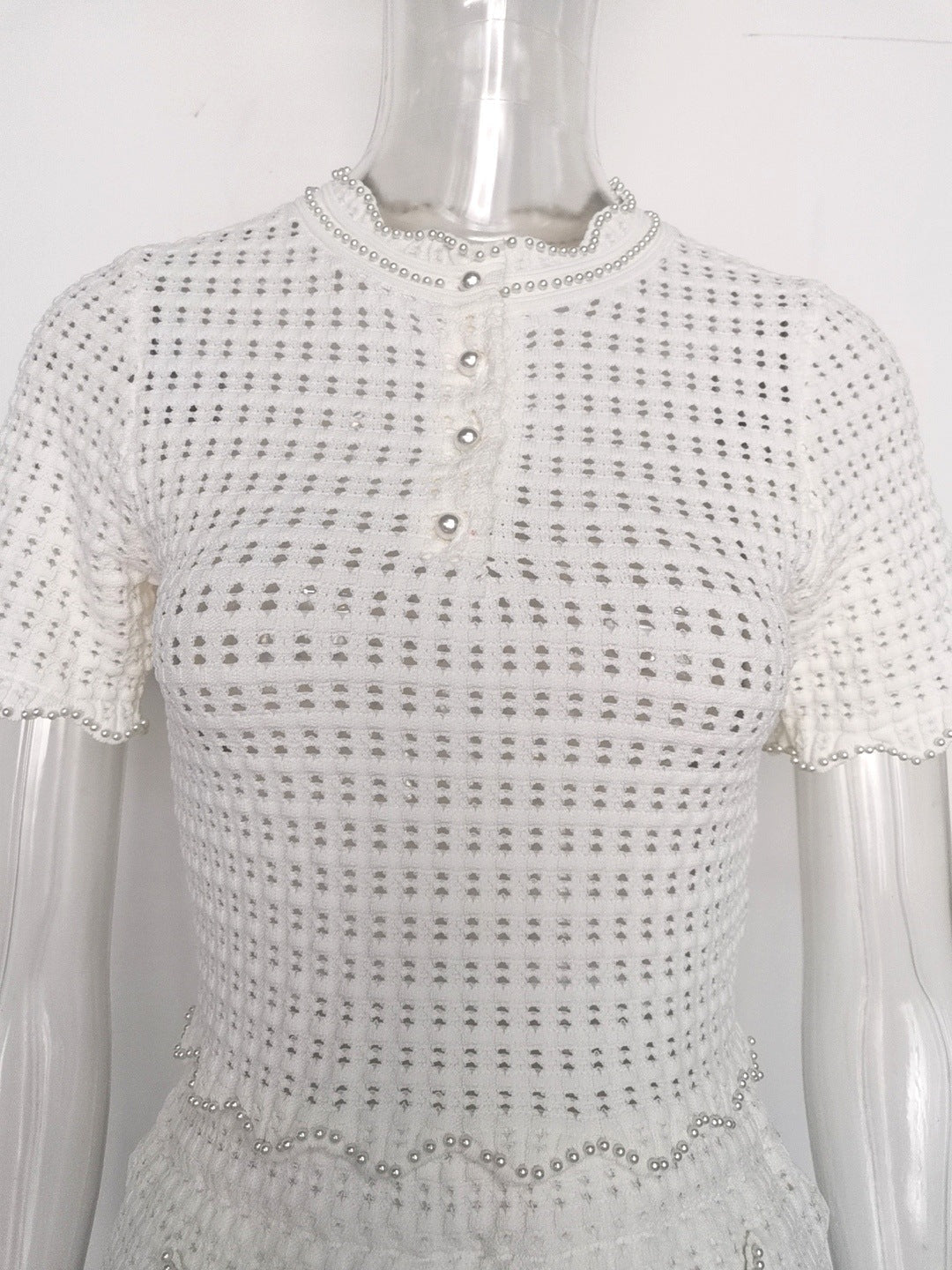 Angela Ruffle Trim Pearl Beaded Knit Sweater Avalabel
