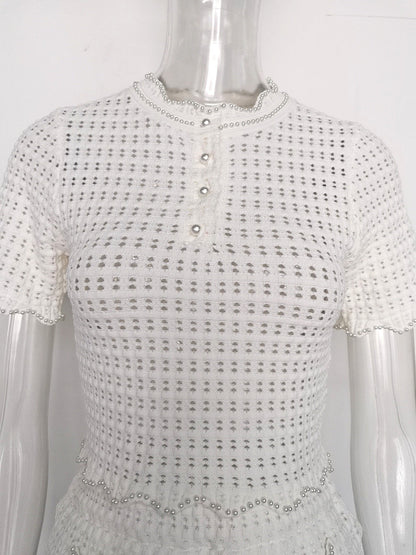 Angela Ruffle Trim Pearl Beaded Knit Sweater