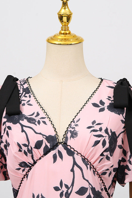 V-Neck Satin Floral Midi Dress in Pink Avalabel
