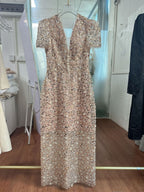 Embroidery v -neck midi dress in beige Avalabel