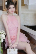 3D Flower Halter Ruffle Layer Mini Dress in Pink Avalabel