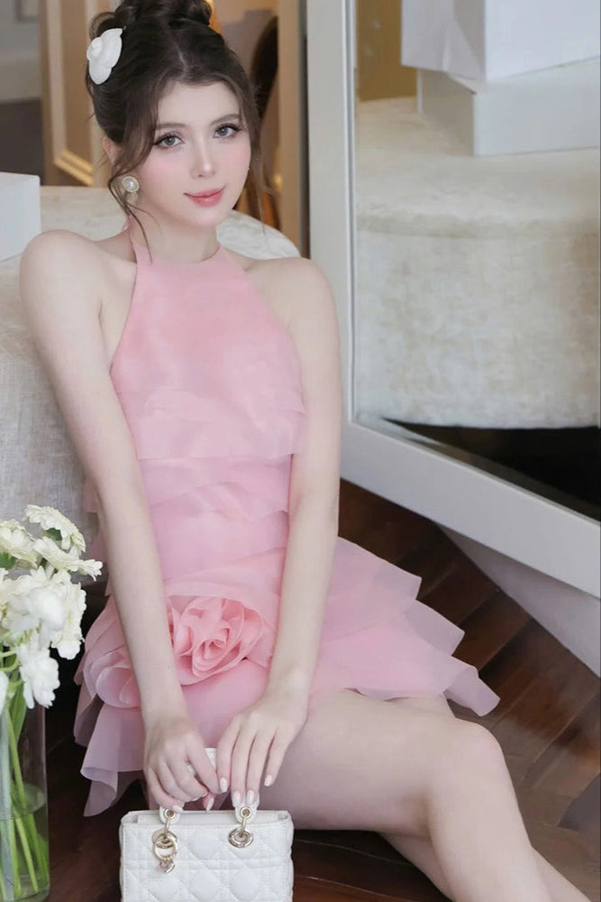 3D Flower Halter Ruffle Layer Mini Dress in Pink Avalabel