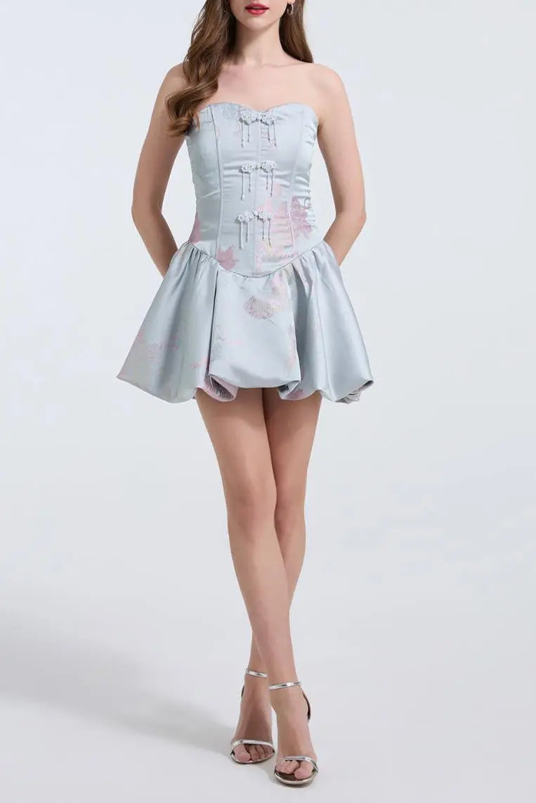 Lisa Jacquard Fishbone Bodice A-line Mini Dress in Blue Avalabel
