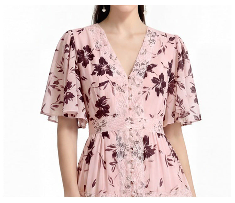 Ashley V-neck Lace Trim Printed Maxi Dress - Pink Avalabel