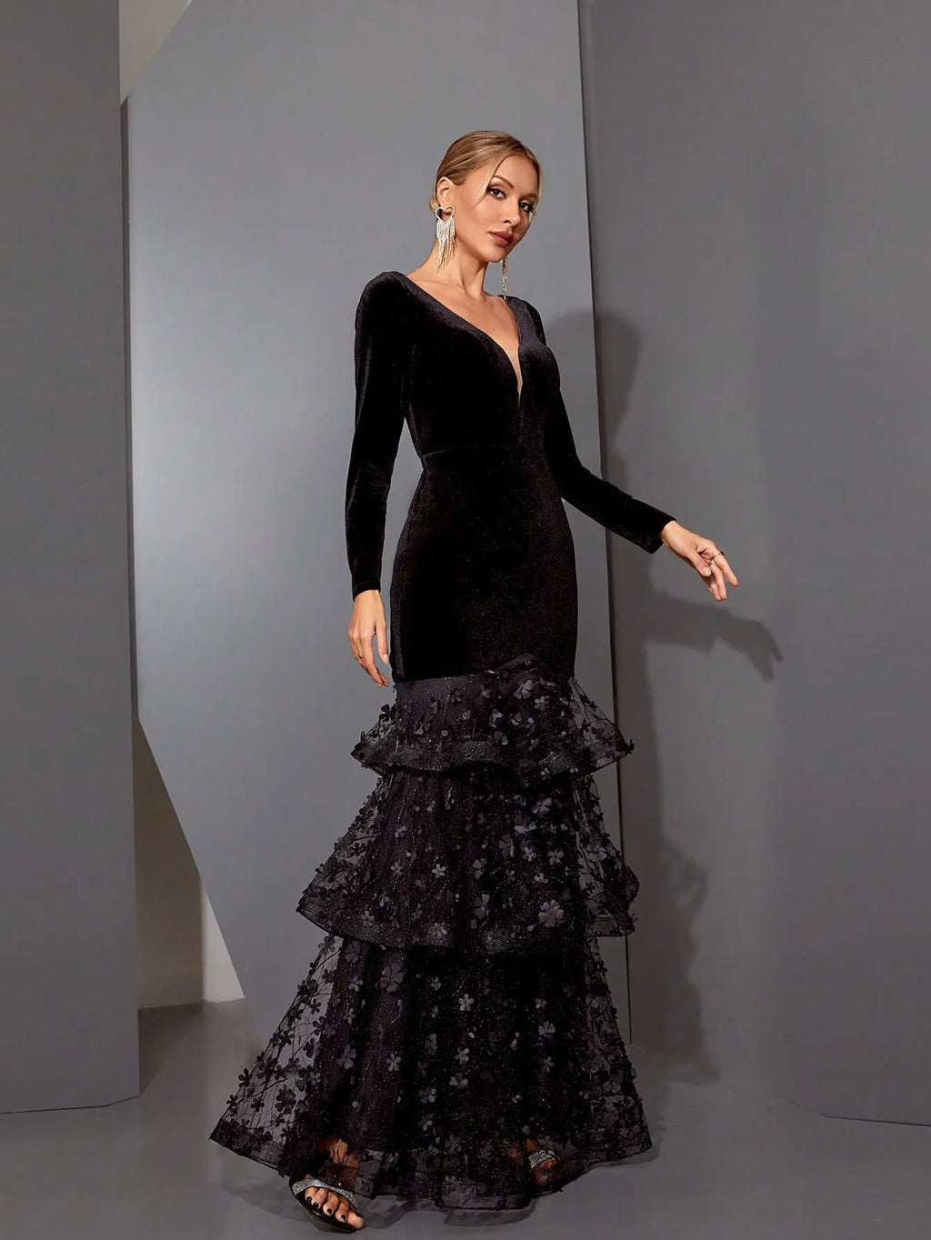 eunice black flower appliqué fishtail layer velvet maxi dress Avalabel