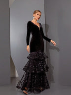 eunice black flower appliqué fishtail layer velvet maxi dress Avalabel
