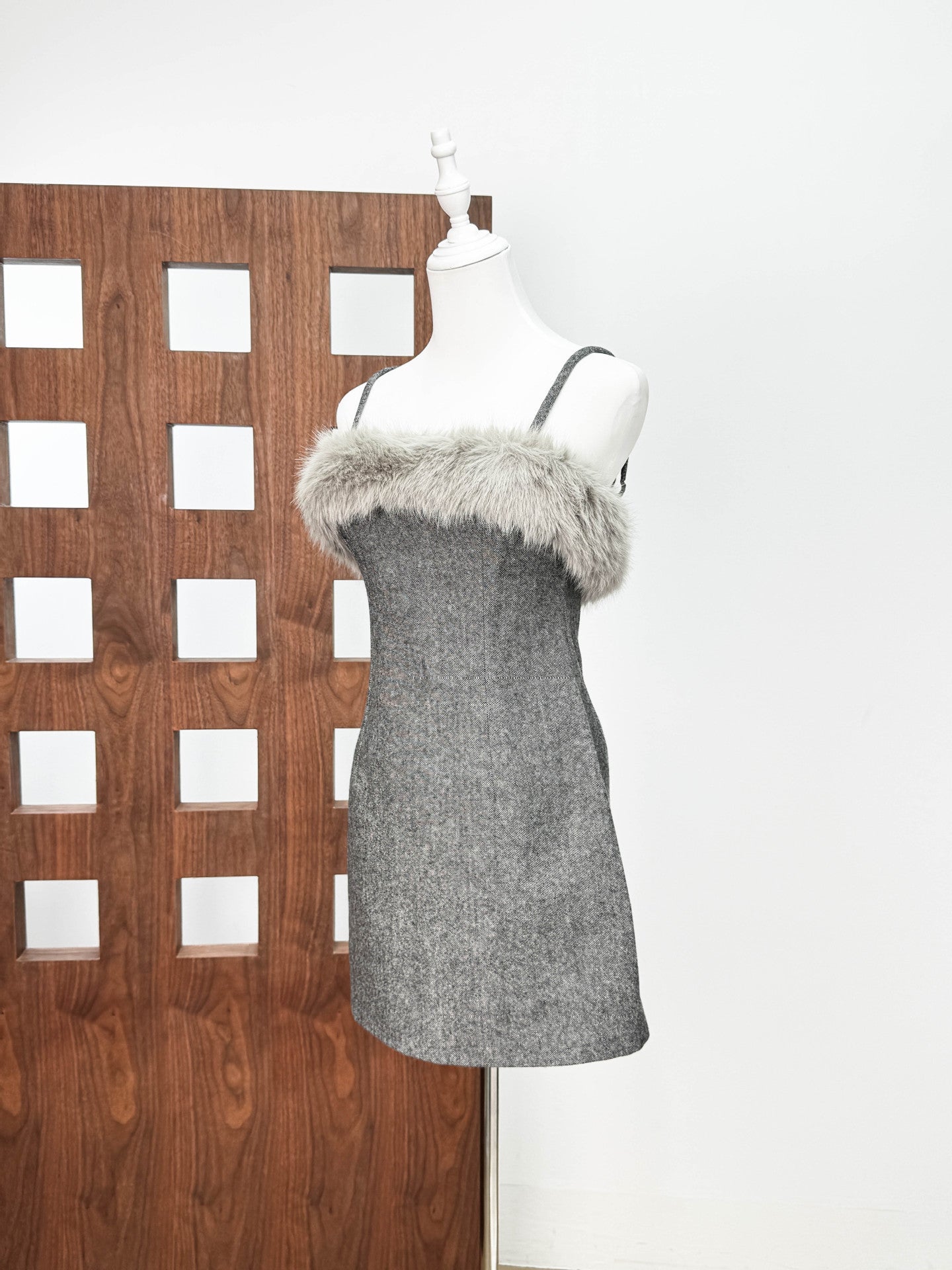 victoria Spaghetti Faux Fur Mini Dress in grey Avalabel