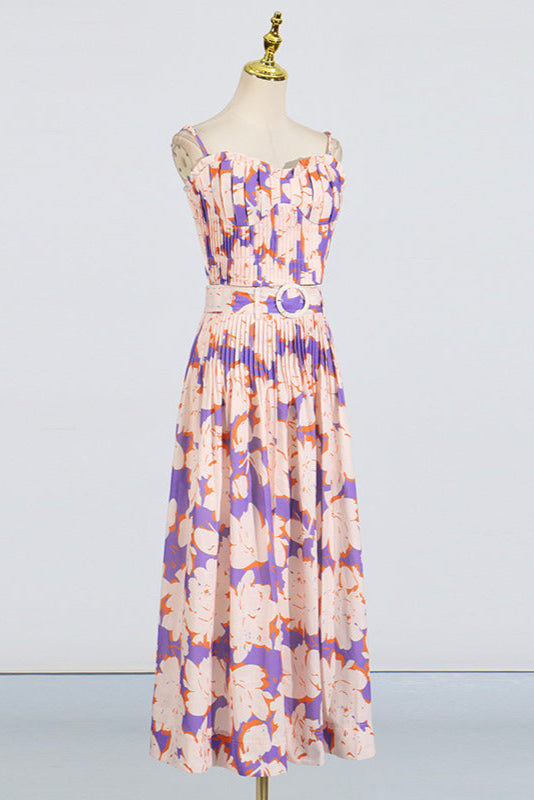 Pleated Floral-Print Linen Bustier Top Skirt Set in Blue Avalabel