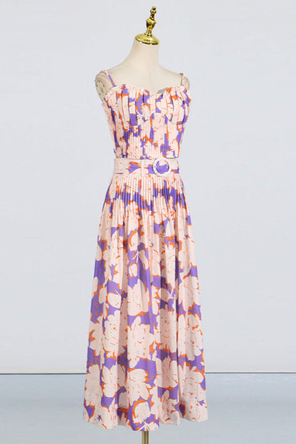 Pleated Floral-Print Linen Bustier Top Skirt Set in Blue