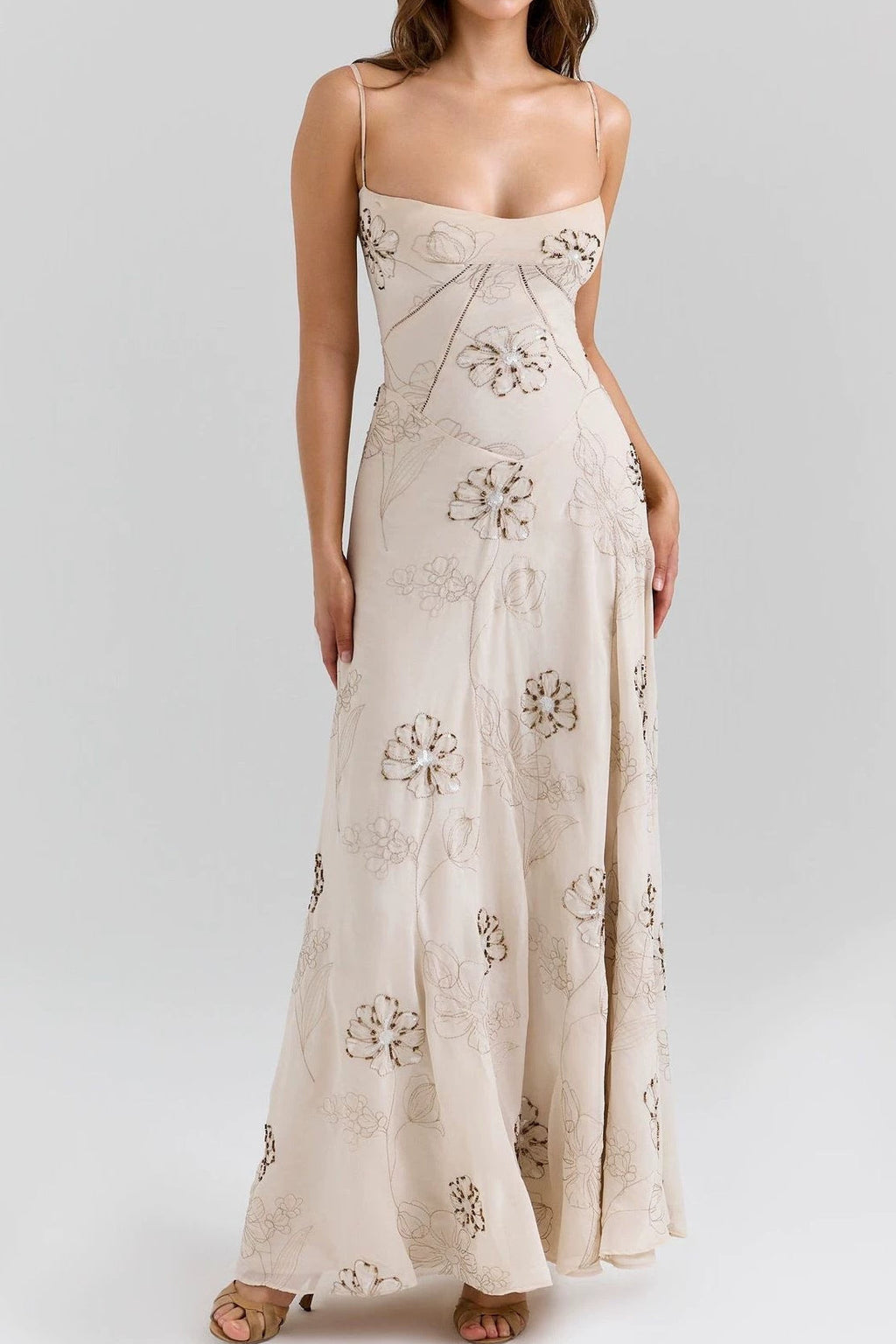 Beige Floral Beaded Spaghetti Strap Maxi Dress Avalabel