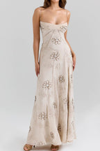 Beige Floral Beaded Spaghetti Strap Maxi Dress Avalabel