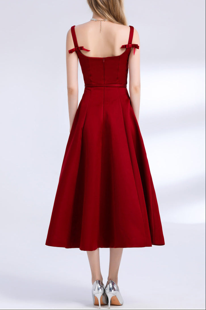 amelia square neck Satin Slip midi Dress - Red Avalabel