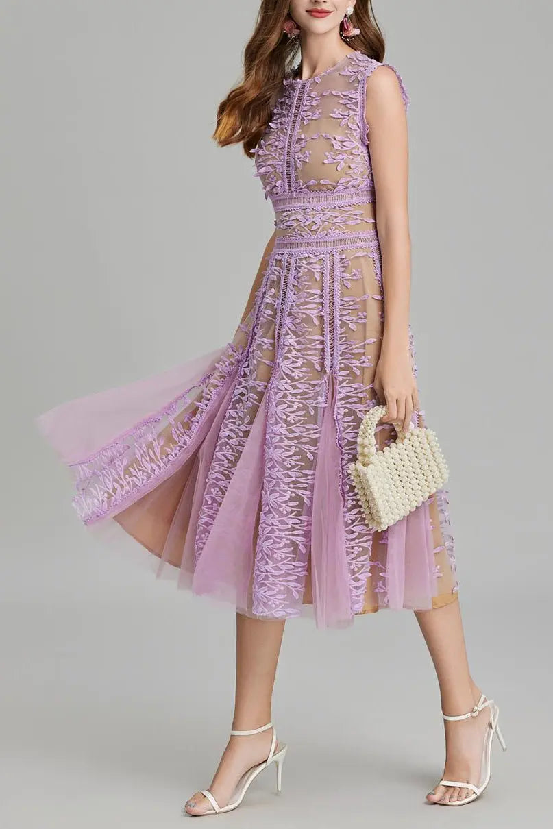 Phoenix 3D Embroidered Lace Mesh Midi Dress in Purple Avalabel