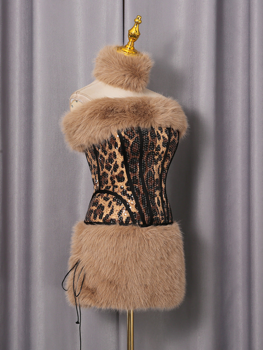suzanne Leopard Fur Sequin Skirt Set Avalabel