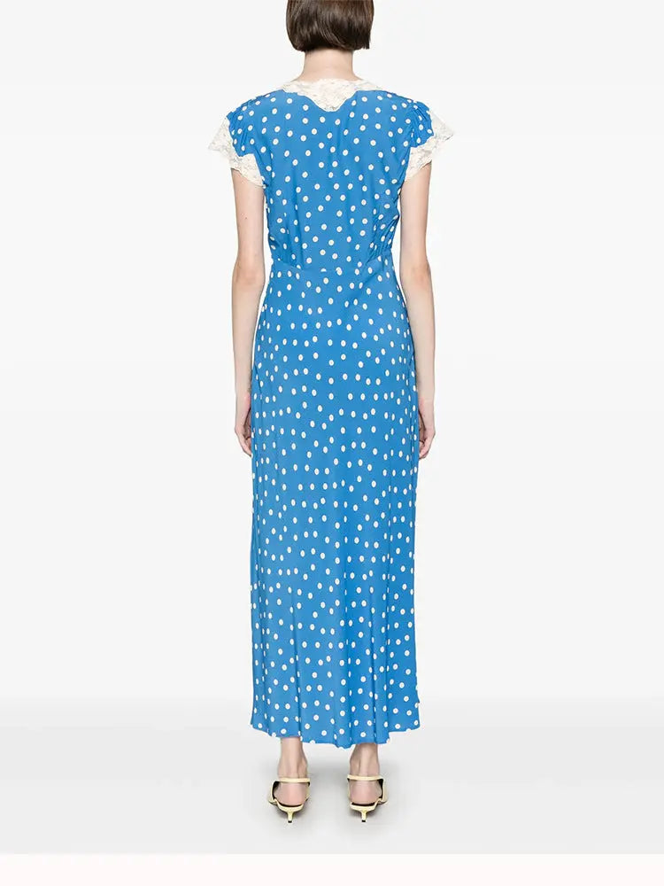 Lyuba Polka Dot Lace-Trimmed V-Neck Maxi Dress in Blue Avalabel