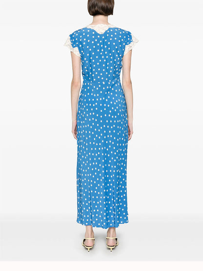 Lyuba Polka Dot Lace-Trimmed V-Neck Maxi Dress in Blue