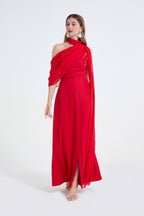Tammy Tailored One-Shoulder Detachable Collar Maxi Dress in Red Avalabel