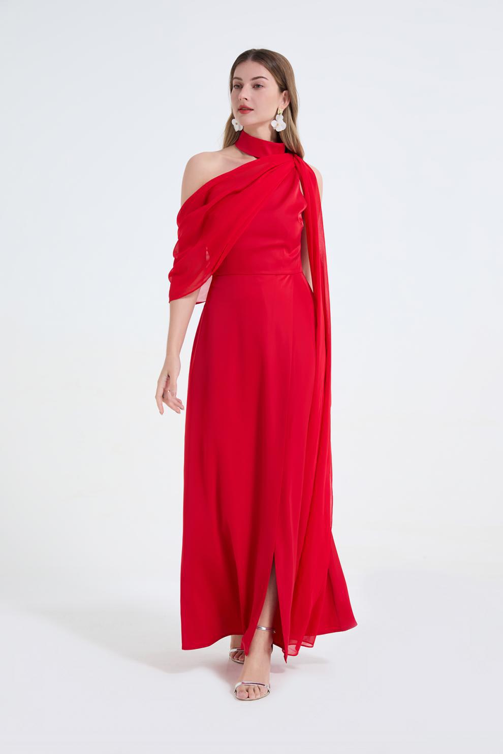 Tammy Tailored One-Shoulder Detachable Collar Maxi Dress in Red Avalabel