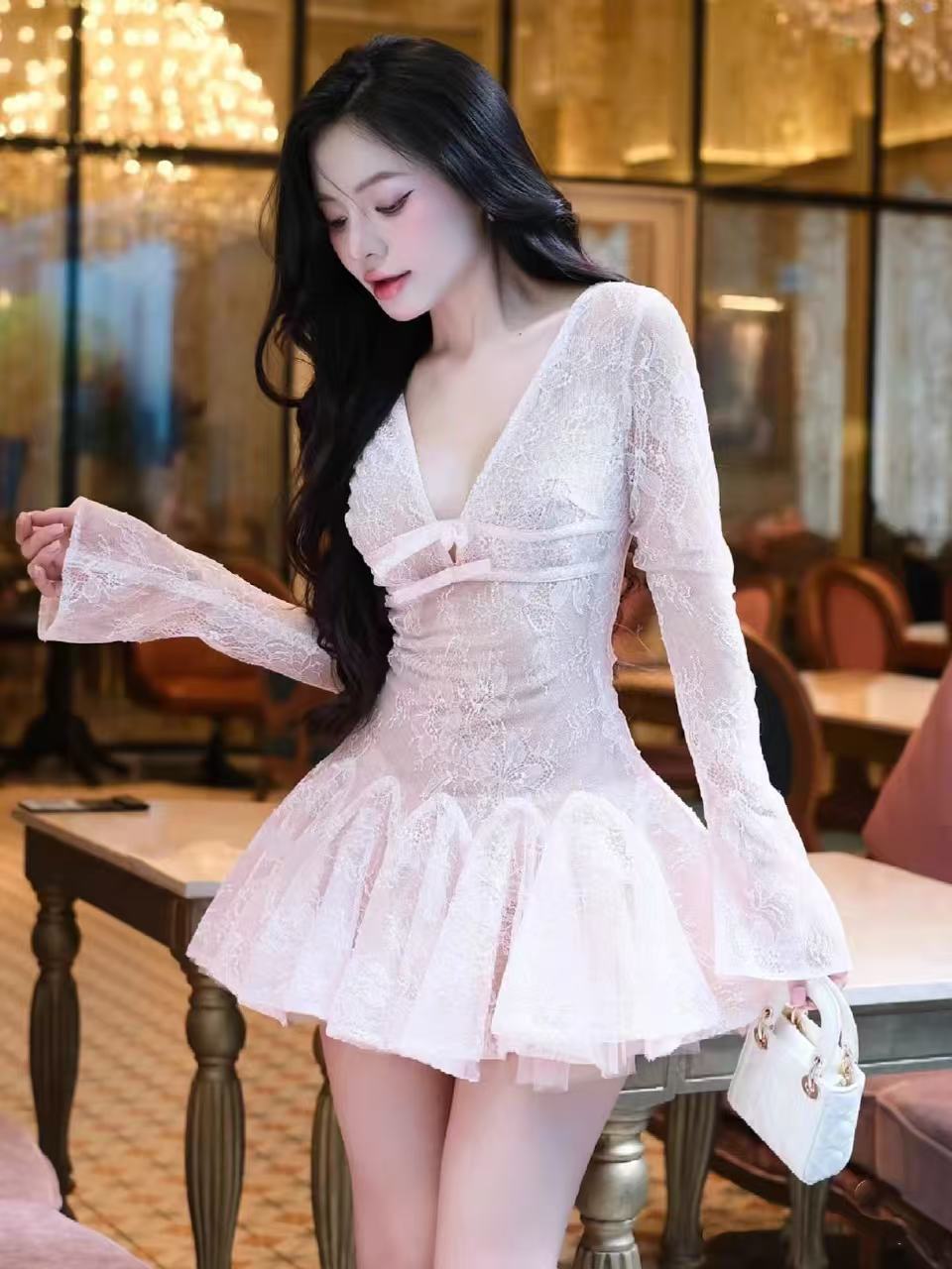 Eileen Long-Sleeve V-Neck Lace A-Line Mini Dress in Pink Avalabel