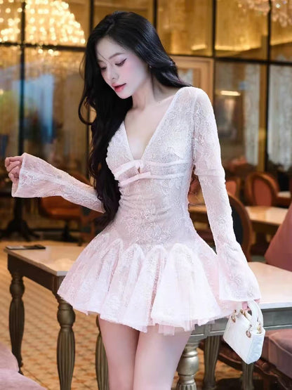 Eileen Long-Sleeve V-Neck Lace A-Line Mini Dress in Pink