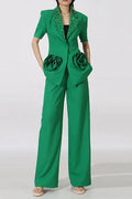 Green Flower Embellished Blazer with Wide-Leg Trousers Set Avalabel