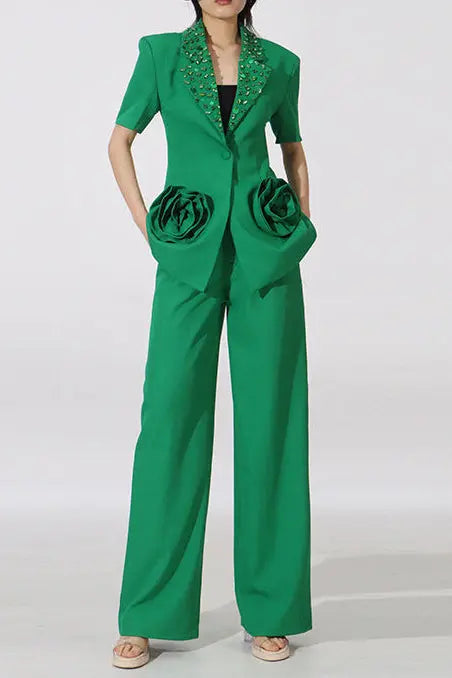 Green Flower Embellished Blazer with Wide-Leg Trousers Set Avalabel