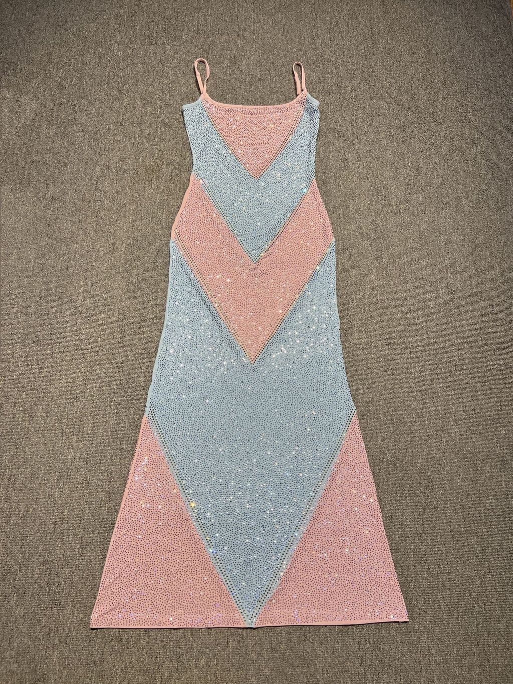 Simona Fully Rhinestoned Bodycon Maxi Dress - Blue & Pink Avalabel