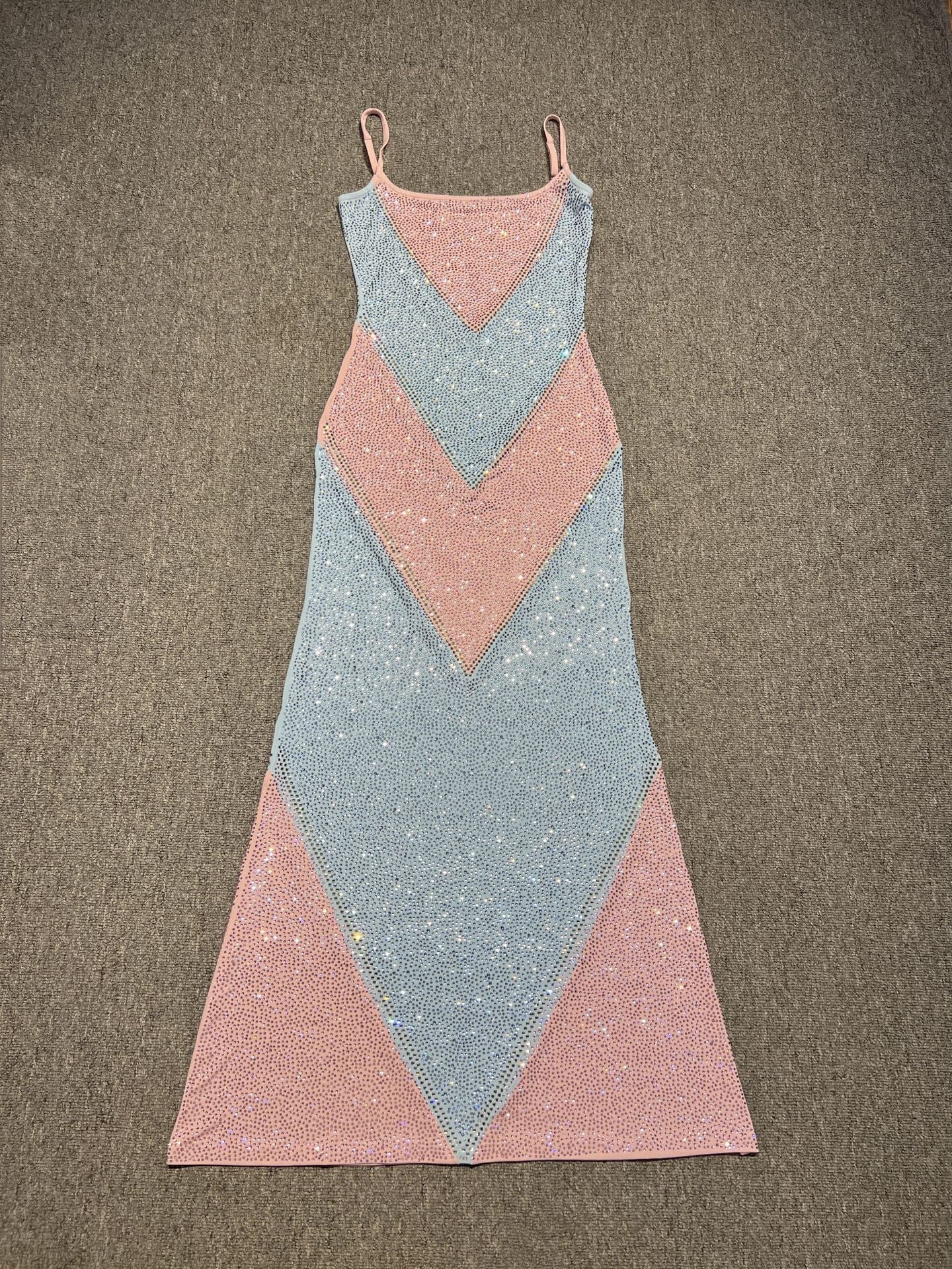 Simona Fully Rhinestoned Bodycon Maxi Dress - Blue & Pink Avalabel