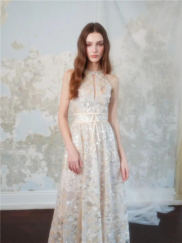 Gold Couture with Floral Embroidery Sequin Banquet Dress Avalabel