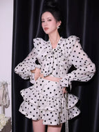 Black-white polka dot ruffled long-sleeved top with puffy skirt Avalabel