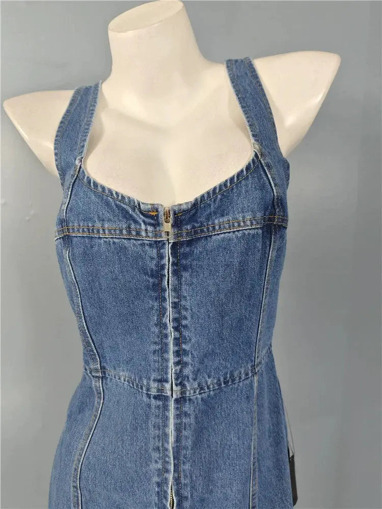 denim suspender square neck slim mini dress Avalabel