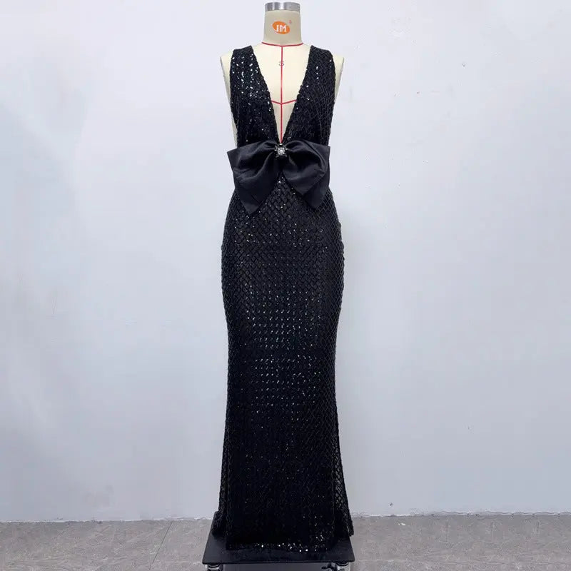 rebecca bow sequin embellished v neck maxi dress in black Avalabel