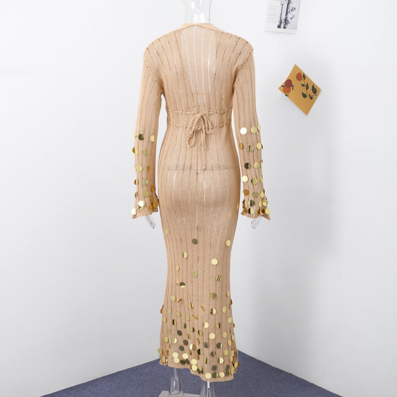 elma Golden Aura v-neck Knitted maxi Dress Avalabel