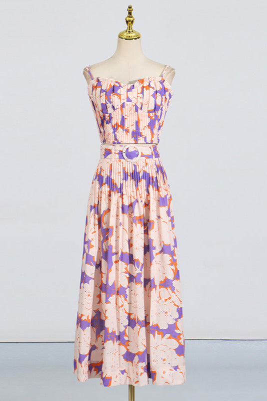 Pleated Floral-Print Linen Bustier Top Skirt Set in Blue Avalabel